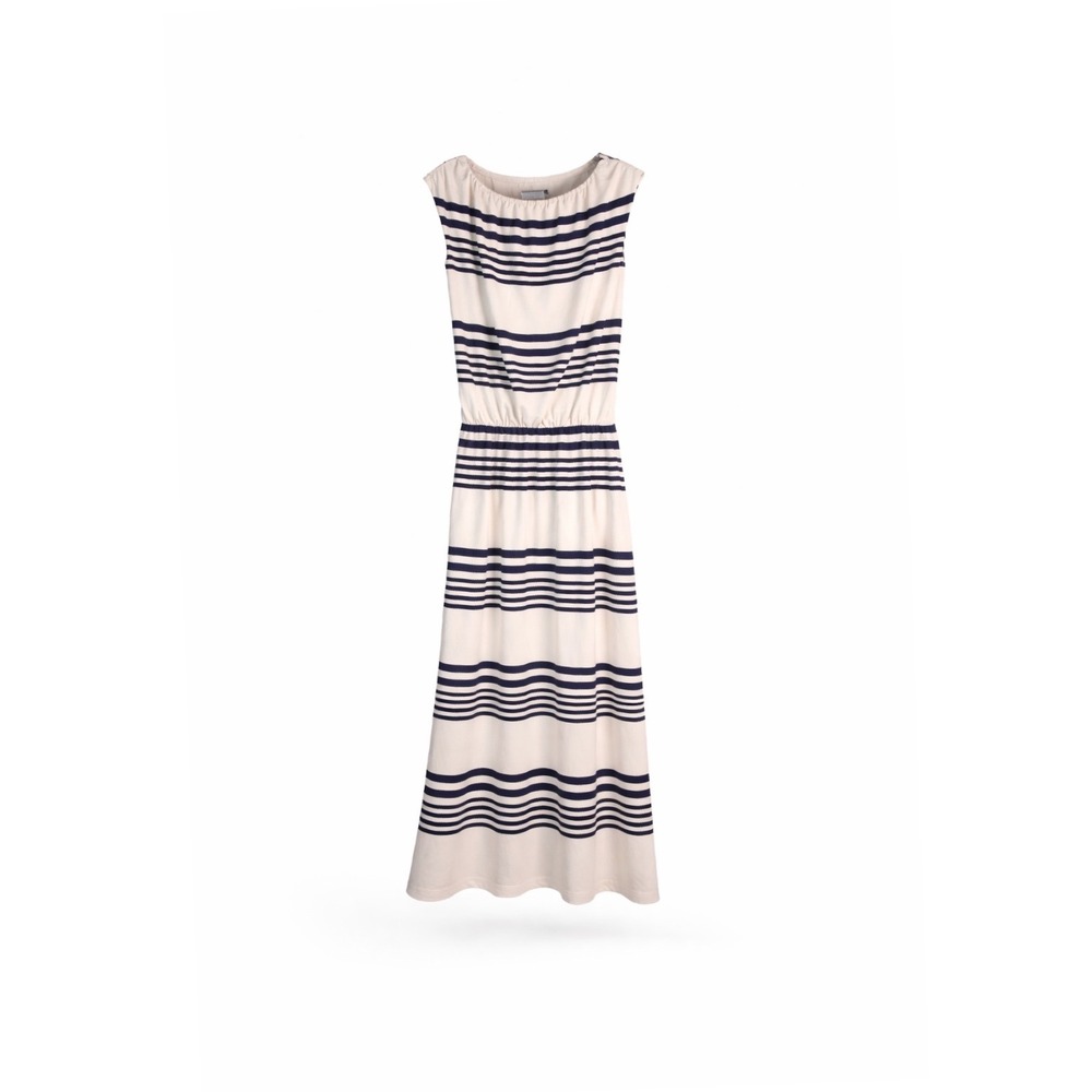 Garnet Hill Navy Stripe Maxi Dress Sleeveless Elastic Waist Coastal XS